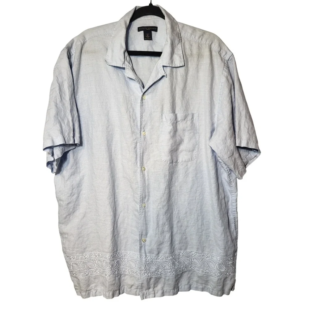 Banana Republic Mens Linen XL Light Blue Short Sleeve Embroidered Hem Shirt